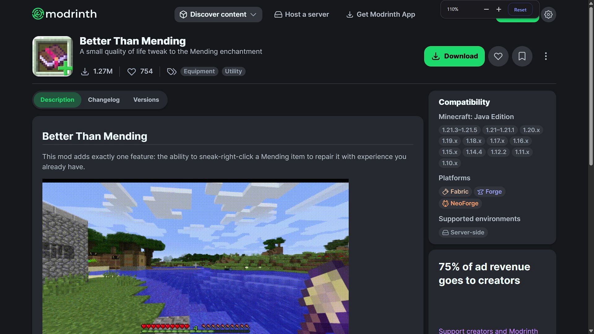 Better Than Mending can be installed from the Modrinth website (Image via Modrinth/legobmw99)